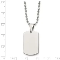 A stainless steel ball chain necklace with a blank rectangular dog tag pendant, shown against a measurement scale.