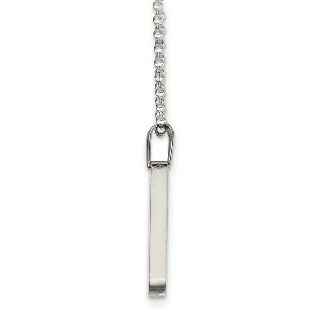 A silver rectangular pendant hangs from a delicate silver chain against a white background.