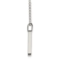 A silver rectangular pendant hangs from a delicate silver chain against a white background.