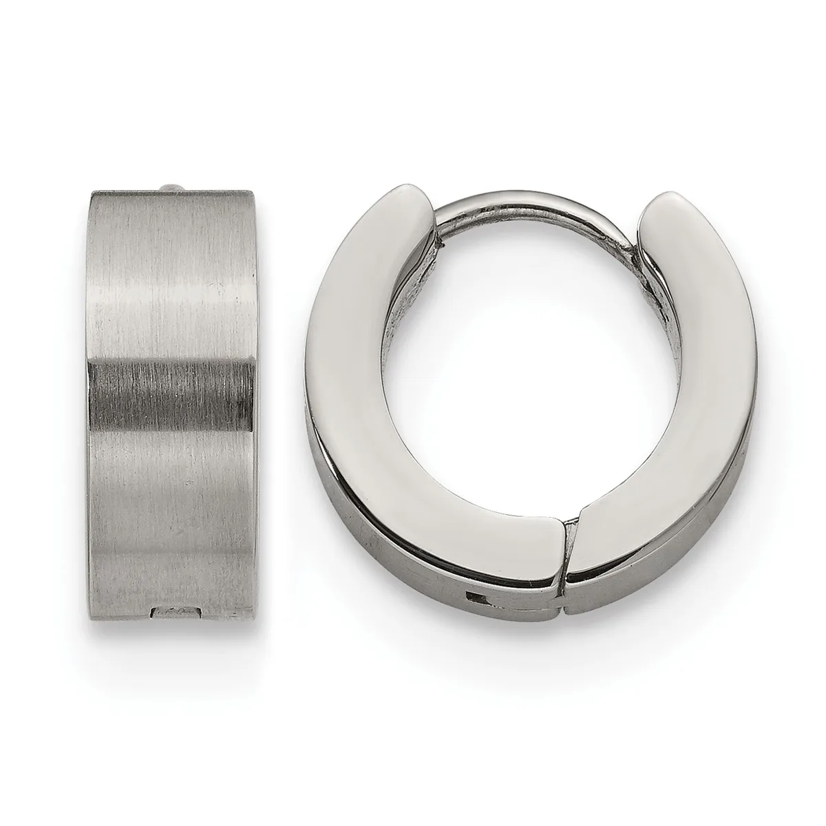 A pair of polished silver huggie hoop earrings shown from the front and side, displaying their chunky cylindrical design and hinged closure.