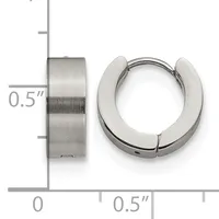 A pair of chunky stainless steel huggie hoop earrings shown from front and side views with measurement scale indicating 0.5 inch width.