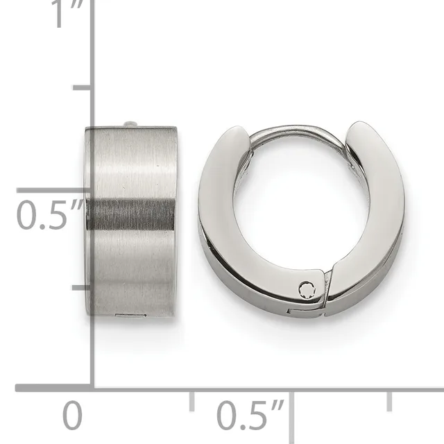 Two stainless steel hoop earrings shown with a measurement scale indicating a width of approximately 0.5 inches.