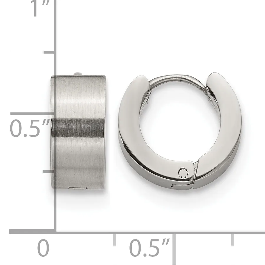 Two stainless steel hoop earrings shown with a measurement scale indicating a width of approximately 0.5 inches.