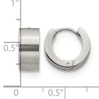 Two stainless steel hoop earrings shown with a measurement scale indicating a width of approximately 0.5 inches.