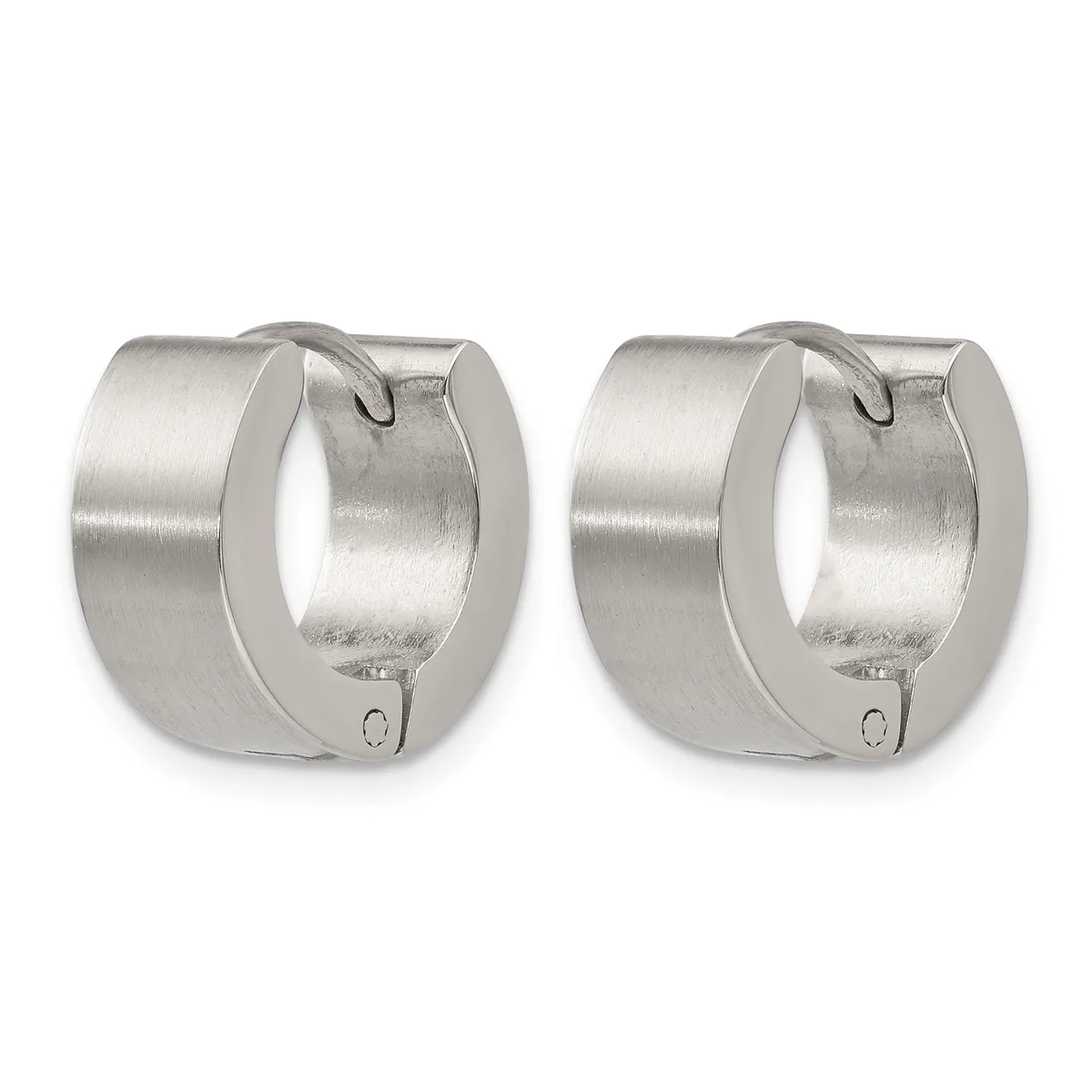 A pair of polished silver huggie hoop earrings with a brushed finish and hinged closure posts, shown from the front.
