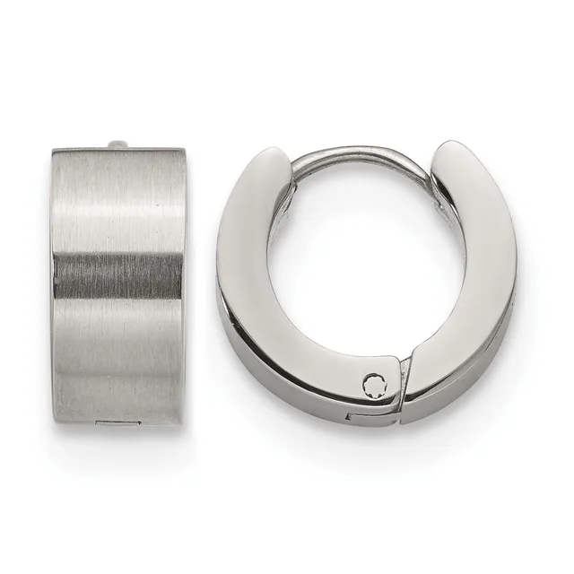 Two stainless steel huggie hoop earrings shown from the front and side, featuring a brushed finish and hinged closure mechanism.