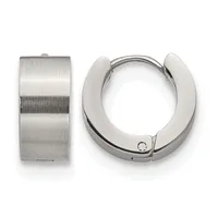 Two stainless steel huggie hoop earrings shown from the front and side, featuring a brushed finish and hinged closure mechanism.