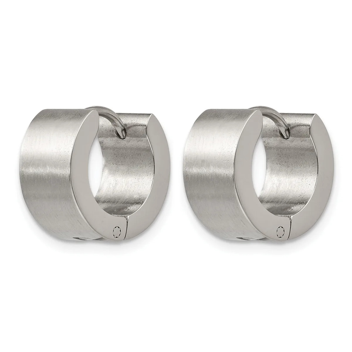 A pair of polished silver-toned chunky hoop earrings with hinged closures, displayed side by side against a white background.