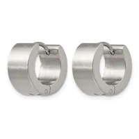 A pair of polished silver-toned chunky hoop earrings with hinged closures, displayed side by side against a white background.