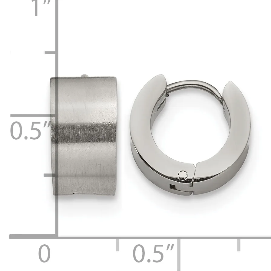 Two stainless steel hoop earrings displayed against a measurement scale showing approximately 0.5 inches in width, one shown from the side and one from the front.