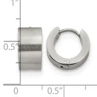 Two stainless steel hoop earrings displayed against a measurement scale showing approximately 0.5 inches in width, one shown from the side and one from the front.