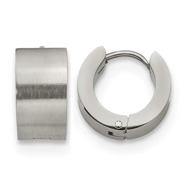 A pair of polished stainless steel chunky hoop earrings shown from the front and side, displaying their wide band design and hinged closure mechanism.