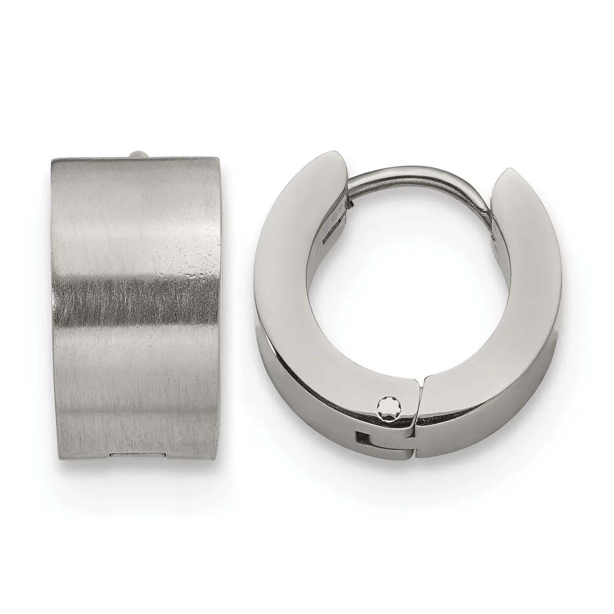 A pair of polished stainless steel chunky hoop earrings shown from the front and side, displaying their wide band design and hinged closure mechanism.