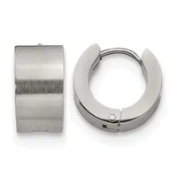 A pair of polished stainless steel chunky hoop earrings shown from the front and side, displaying their wide band design and hinged closure mechanism.
