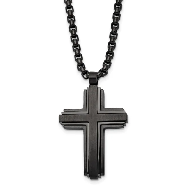 Black stainless steel cross pendant with layered rectangular design hanging from a black rolo chain.