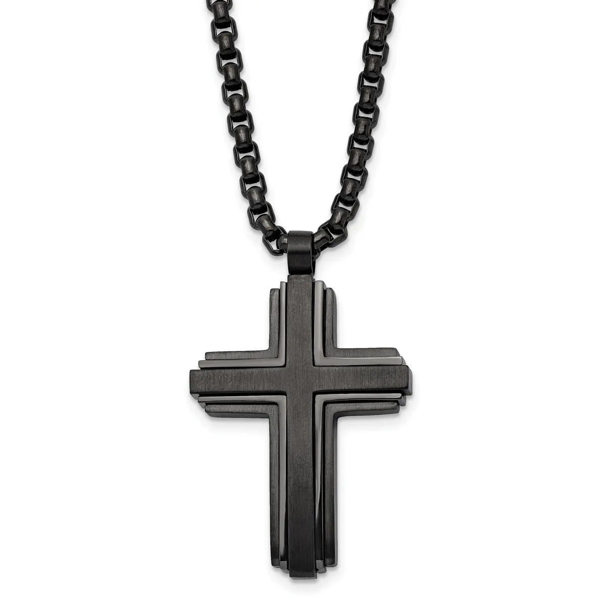 Black stainless steel cross pendant with layered rectangular design hanging from a black rolo chain.
