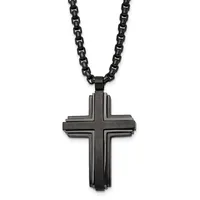 Black stainless steel cross pendant with layered rectangular design hanging from a black rolo chain.