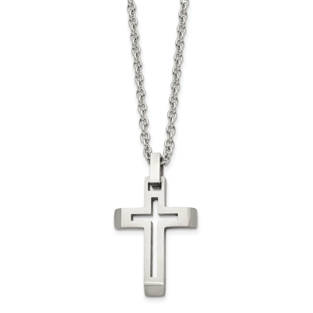 A stainless steel cross pendant with cutout details hangs from a matching chain against a white background.