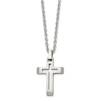 A stainless steel cross pendant with cutout details hangs from a matching chain against a white background.