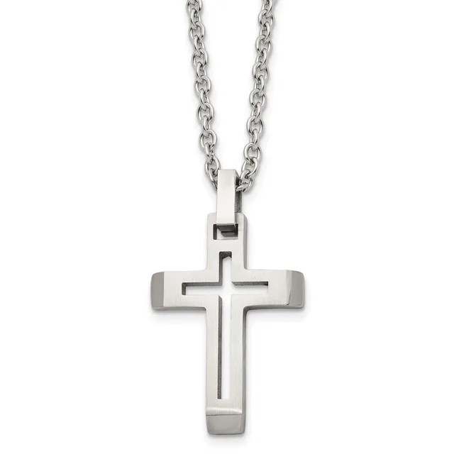 Stainless steel cross pendant with cutout cross design hanging from a stainless steel chain.