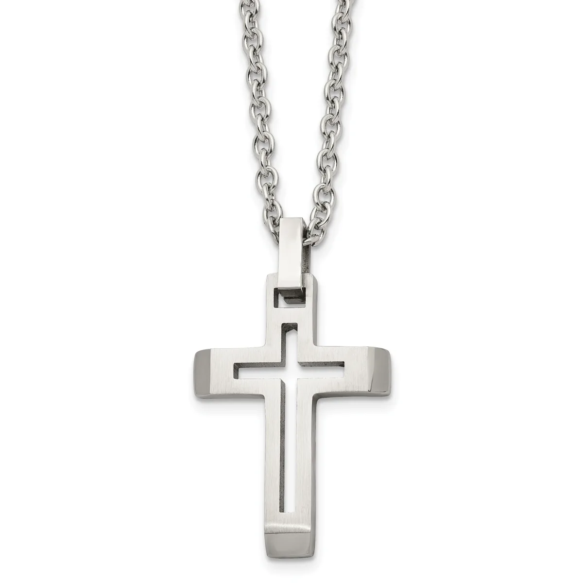 Stainless steel cross pendant with cutout cross design hanging from a stainless steel chain.