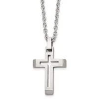 Stainless steel cross pendant with cutout cross design hanging from a stainless steel chain.