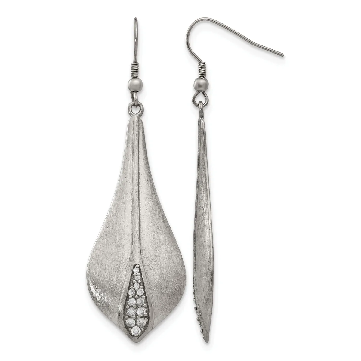 Pair of silver teardrop earrings with brushed finish and crystal stone accents, shown from front and side views with fish hook wires.