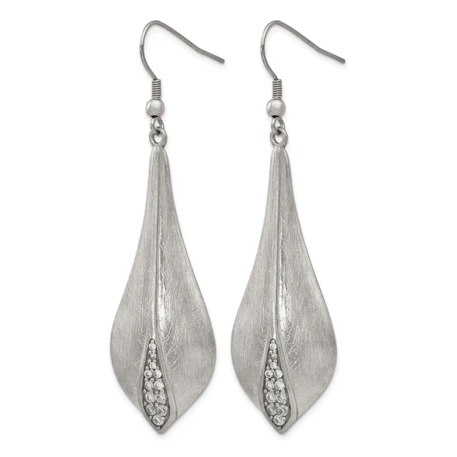 A pair of silver teardrop earrings with brushed finish and a curved line of rhinestones down the center, hanging from hook-style ear wires.