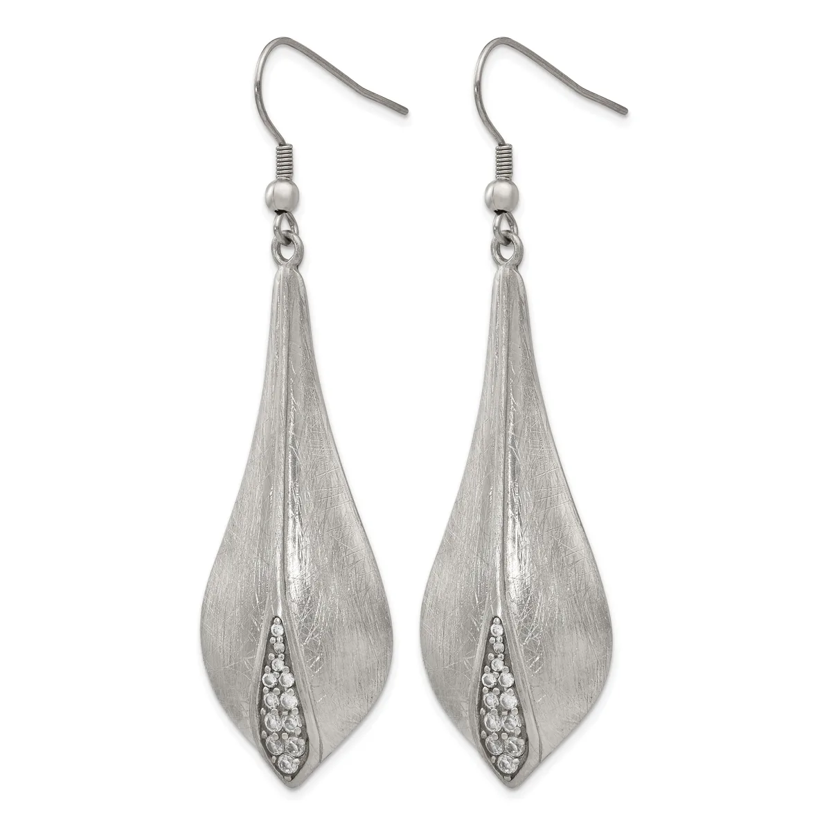 A pair of silver teardrop earrings with brushed finish and a curved line of rhinestones down the center, hanging from hook-style ear wires.