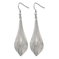 A pair of silver teardrop earrings with brushed finish and a curved line of rhinestones down the center, hanging from hook-style ear wires.