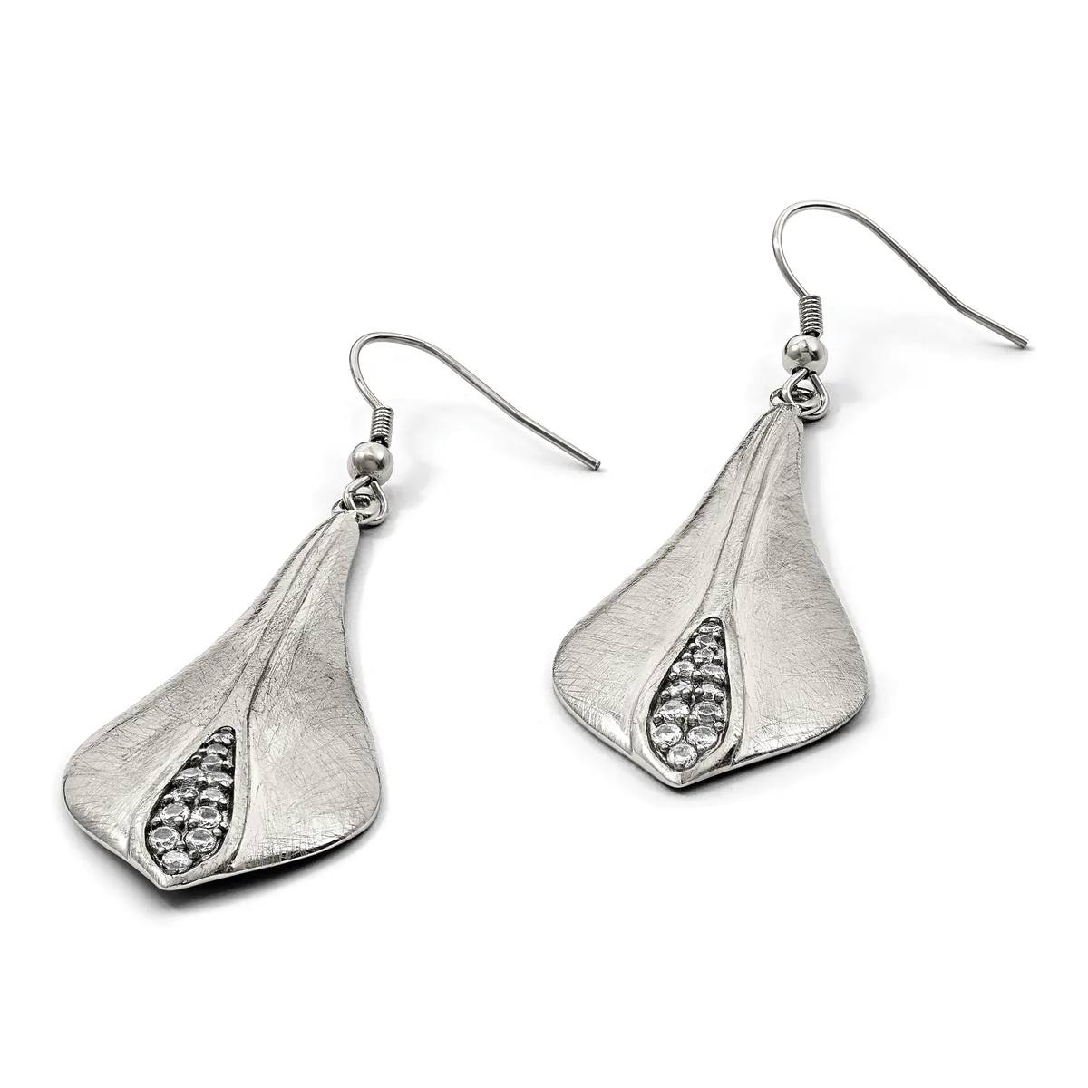 A pair of silver drop earrings with textured cone-shaped pendants featuring inlaid teardrop details, suspended from fish hook wires.