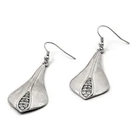 A pair of silver drop earrings with textured cone-shaped pendants featuring inlaid teardrop details, suspended from fish hook wires.