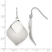 Pair of silver dangle earrings with curved geometric forms and fish hook closures, shown next to a ruler measuring approximately two inches in length.