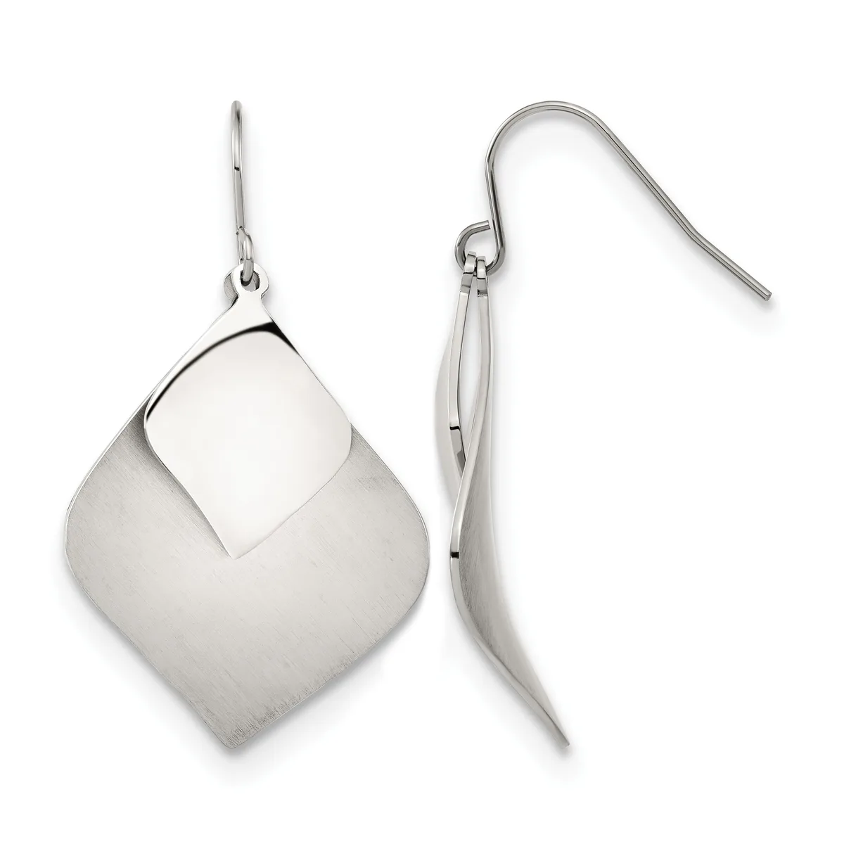 A pair of silver drop earrings with curved square-shaped pendants, shown from front and side views with fish hook ear wires.
