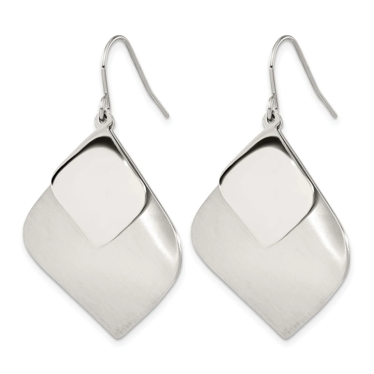 A pair of silver-toned dangle earrings with square-shaped pendants hanging from curved wire hooks.