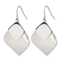 A pair of silver-toned dangle earrings with square-shaped pendants hanging from curved wire hooks.
