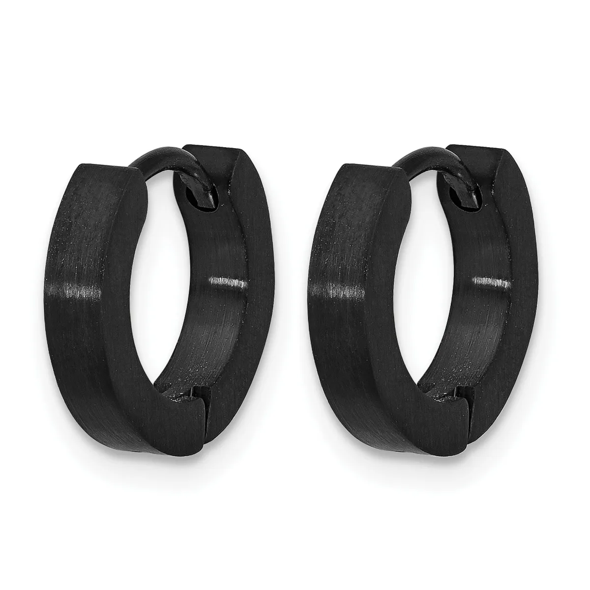 A pair of black brushed metal hoop earrings with hinged closures, displayed side by side against a white background.