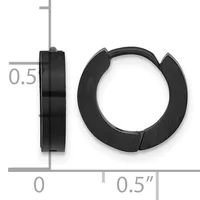 Two black metal hoop earrings shown on a measurement scale, displaying their 0.5-inch diameter and thickness.