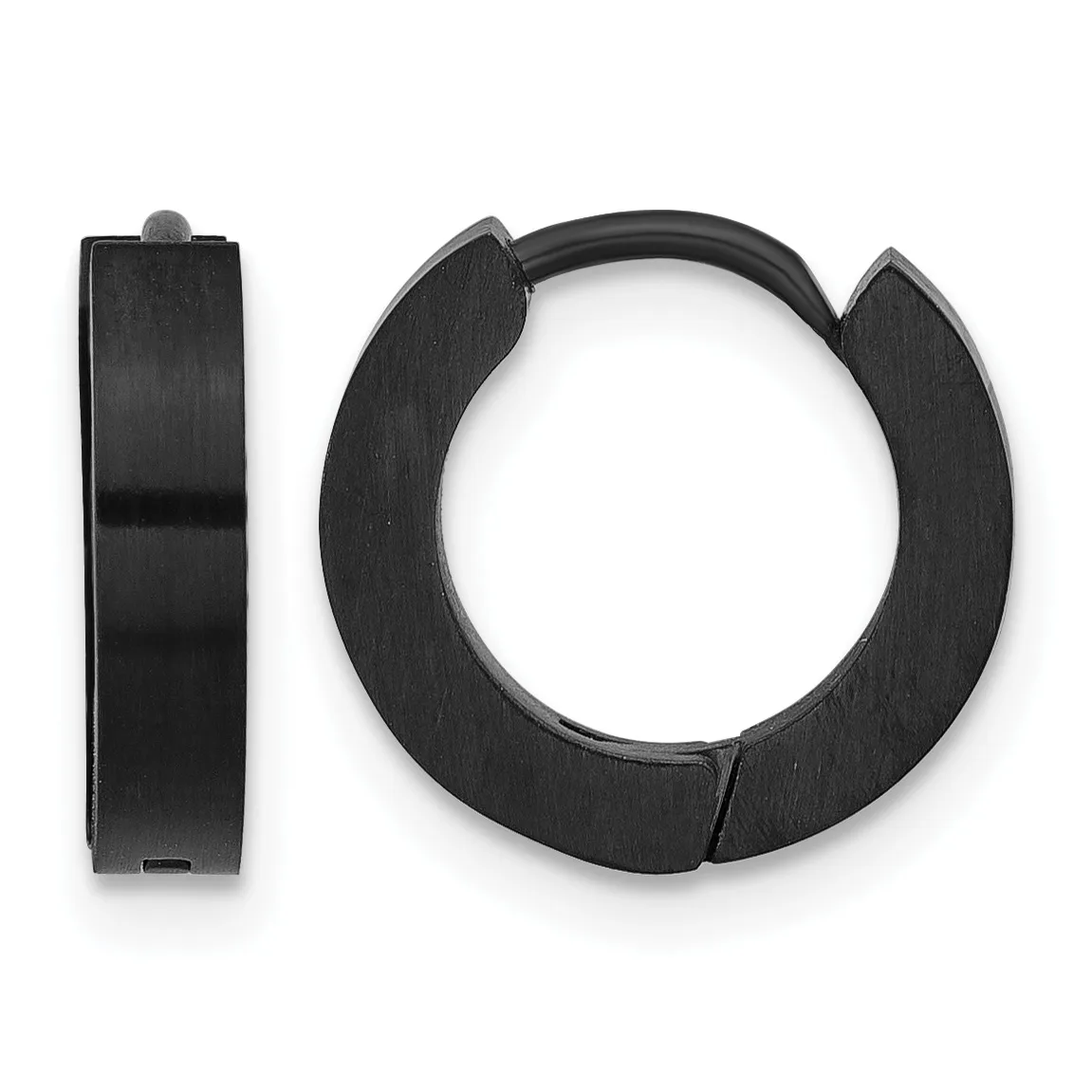 A pair of black metal hoop earrings with a brushed finish, shown from the front and side view.