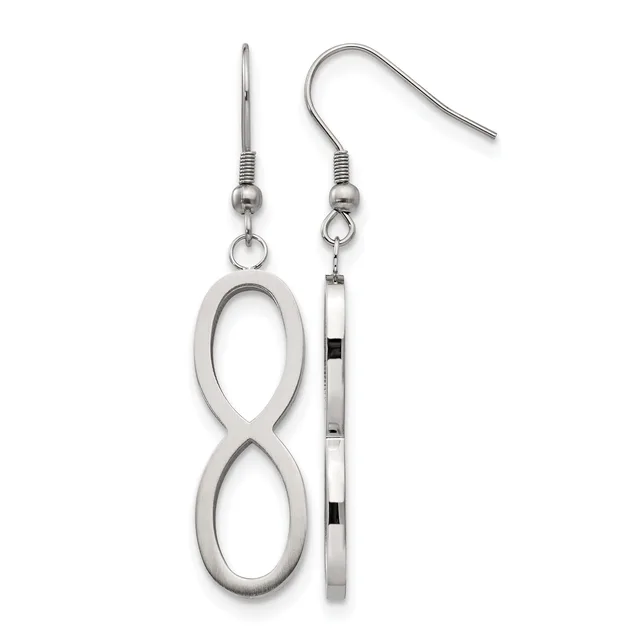 A pair of stainless steel dangle earrings with figure-eight shaped pendants on matching hook-style ear wires.