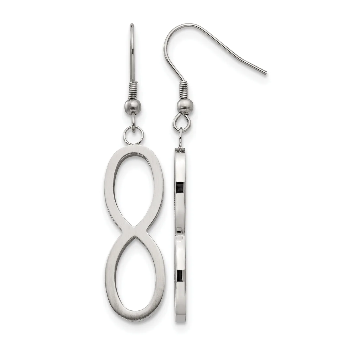 A pair of stainless steel dangle earrings with figure-eight shaped pendants on matching hook-style ear wires.