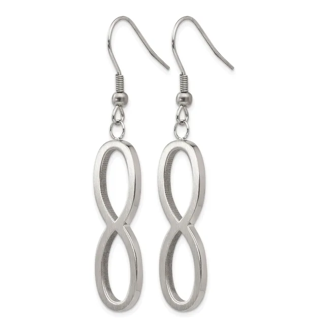 A pair of silver-colored drop earrings with fish hook wires featuring elongated figure-eight or infinity symbol pendants with a brushed finish.