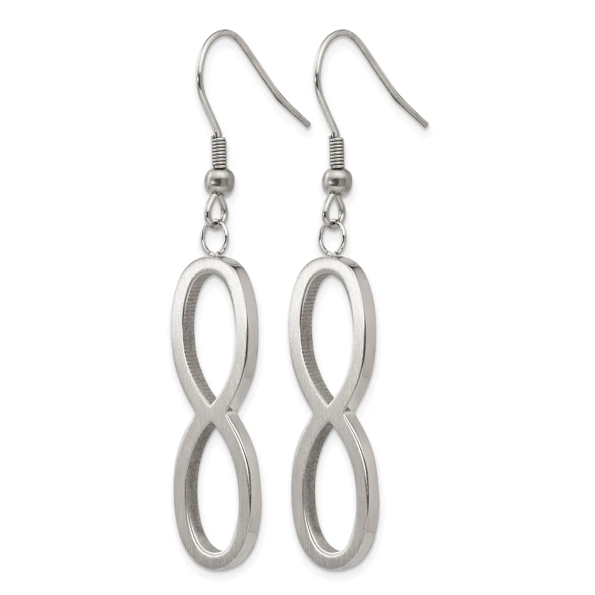 A pair of silver-colored drop earrings with fish hook wires featuring elongated figure-eight or infinity symbol pendants with a brushed finish.