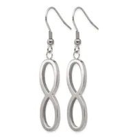 A pair of silver-colored drop earrings with fish hook wires featuring elongated figure-eight or infinity symbol pendants with a brushed finish.