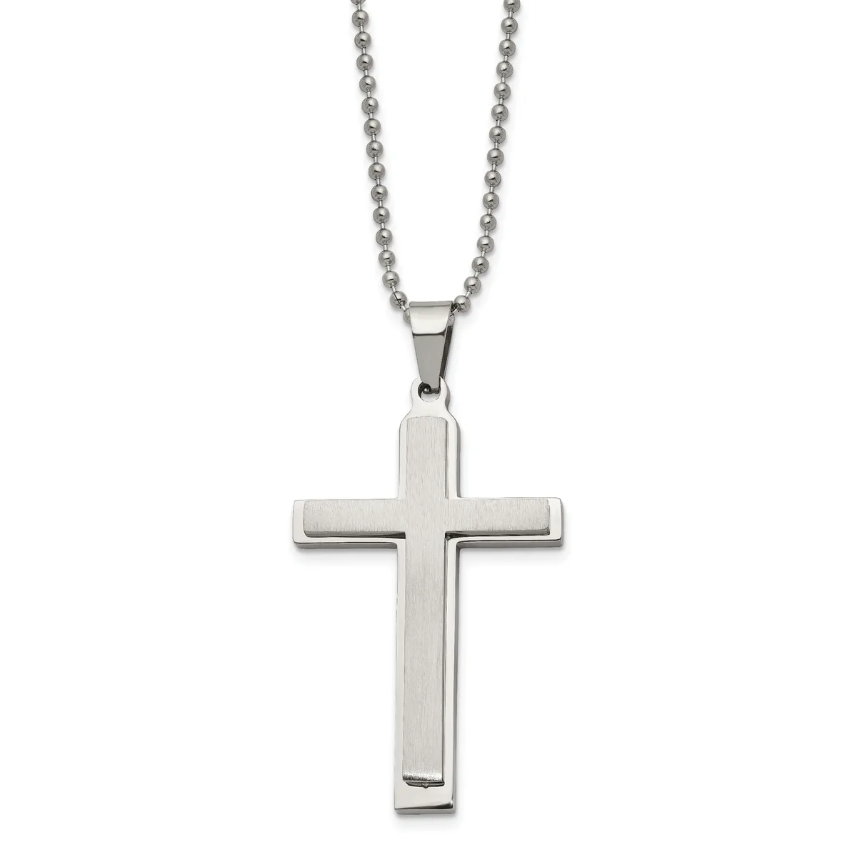 A polished stainless steel cross pendant hanging from a ball chain necklace against a white background.