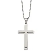 A polished stainless steel cross pendant hanging from a ball chain necklace against a white background.