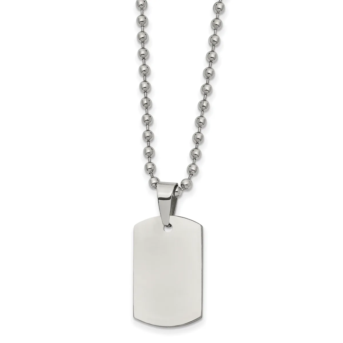 A stainless steel ball chain necklace with a blank rectangular dog tag pendant hanging from the chain.