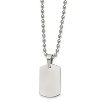 A stainless steel ball chain necklace with a blank rectangular dog tag pendant hanging from the chain.