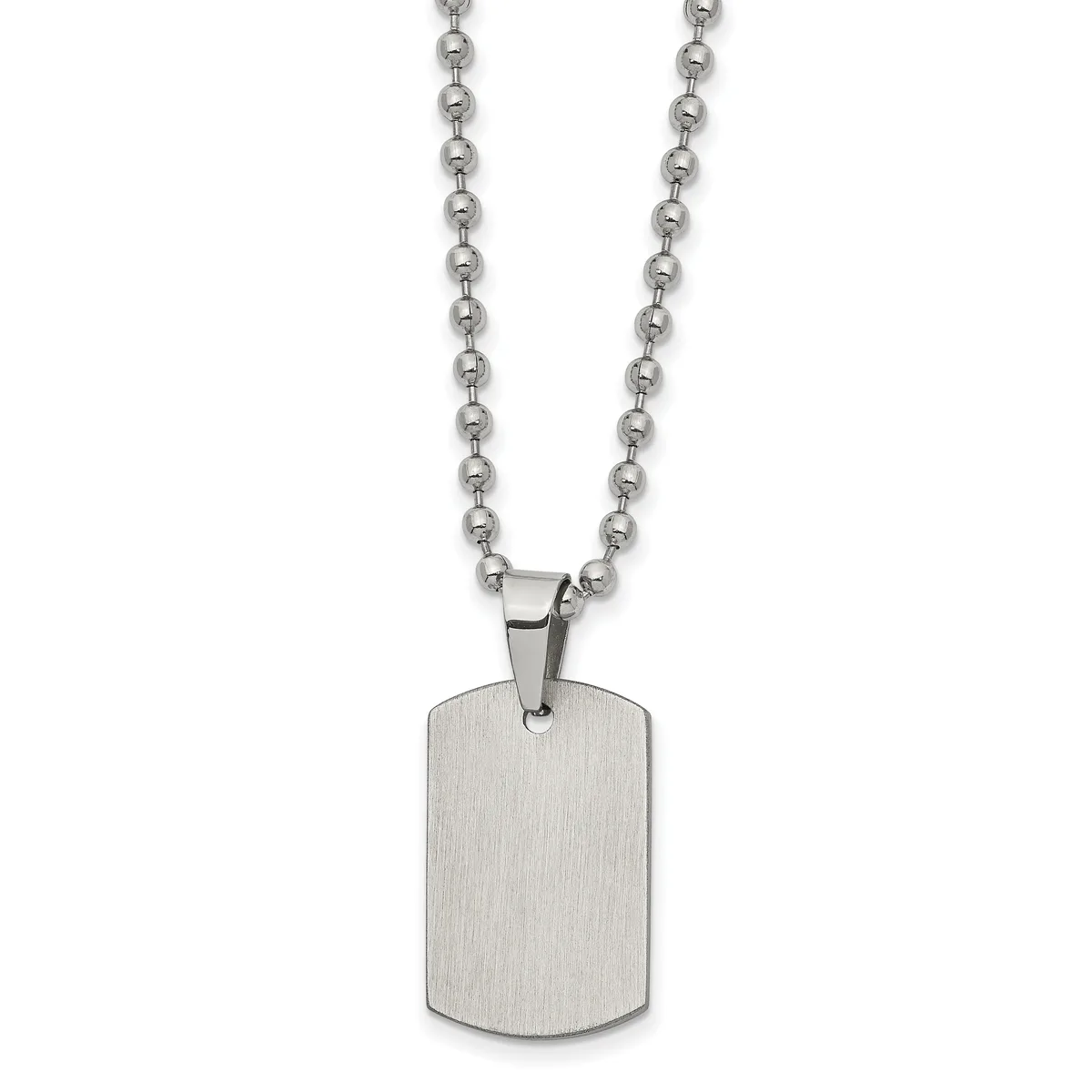 A brushed stainless steel dog tag pendant hangs from a ball chain necklace against a white background.