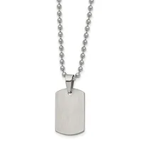 A brushed stainless steel dog tag pendant hangs from a ball chain necklace against a white background.